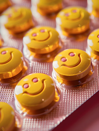 Toy blister pack of yellow smiley face pills for sweet expressionsの素材