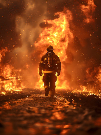 A firefighter is facing a hazardous wildfire with flames, smoke, and heatの素材