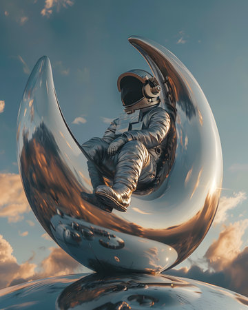 A porcelain statue of an astronaut on a crescent moon in the skyの素材