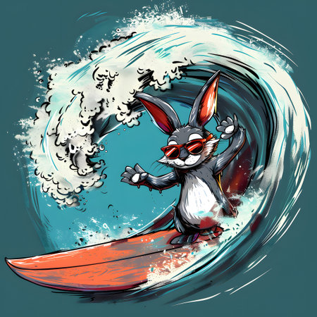 Cartoon rabbit with sunglasses surfing a wave on a watercraftの素材