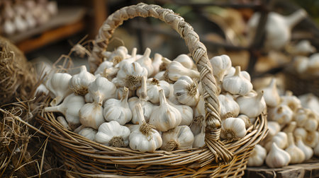 A basket of garlic, a staple food ingredient, rests on a tableの素材