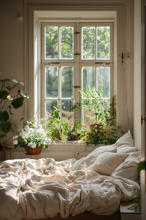 Wooden bed placed in front of window with plants on sill in houseの素材