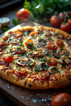 a pizza with mushrooms , tomatoes and cheese is sitting on a wooden cutting boardの素材