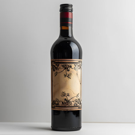 a bottle of red wine with a floral labelの素材