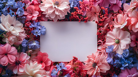 A white card adorned with pink and blue flowers, showcasing natures beautyの素材