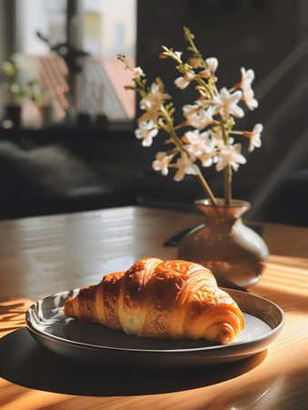 A croissant sits on a plate next to a vase of flowers on the tableの素材