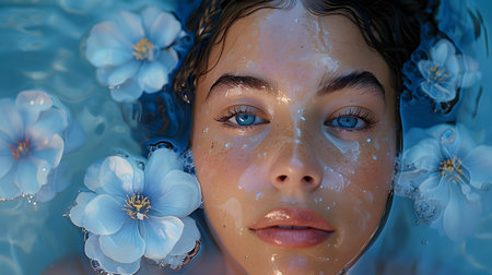 Woman with flowers in her hair floats in electric blue water, smiling happilyの素材