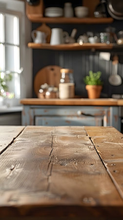 Wooden table in foreground, kitchen in background with hardwood flooringの素材