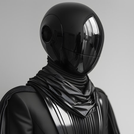 Black robot sculpture with helmet and scarf as personal protective equipmentの素材