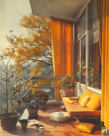 A wooden balcony with yellow curtains, a cozy couch, and a flowerpotの素材
