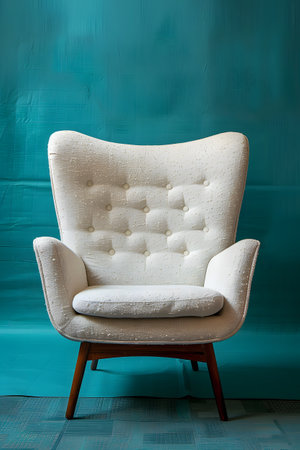 White club chair against blue wall provides comfort and style in any roomの素材
