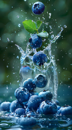 Electric blueberries swirling in liquid art inside a glass of waterの素材