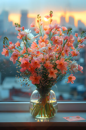 A vase of pink and white flowers brightens up the window sillの素材