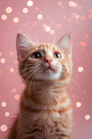 A cat gazes up at the camera against a pink backgroundの素材