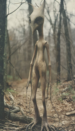 A mysterious creature lurks among the trees in the forestの素材