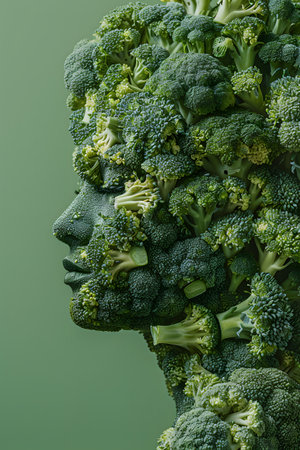 Sculpture of a mans face made from broccoli, a leaf vegetable plantの素材