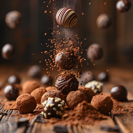 Decadent chocolate truffles cascade onto a rustic wooden tableの素材