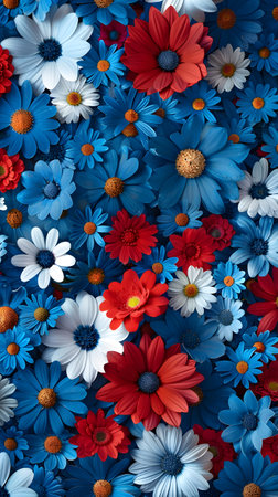 A colorful array of red, white, and blue flowers on an azure backgroundの素材