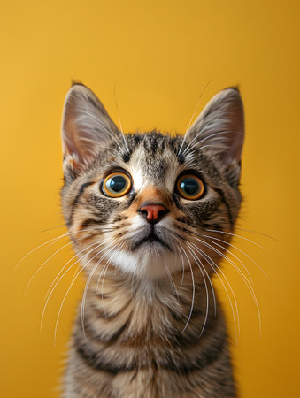 A domestic shorthaired cat gazes at the camera on a yellow backgroundの素材