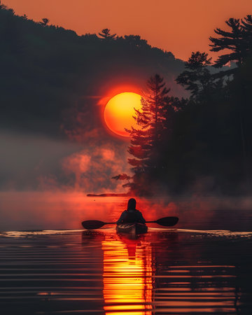 Person in kayak as sun sets, creating orange afterglow on lakeの素材