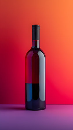 A glass bottle of red wine rests on a purple tableの素材