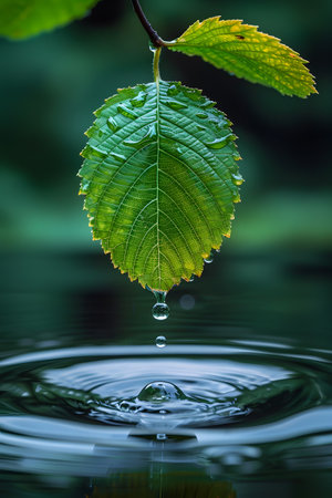 Green leaf releasing liquid into water, forming natural landscapeの素材