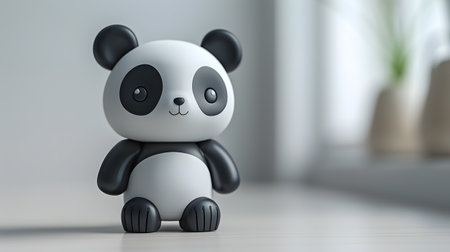 Stuffed toy panda sitting on table, in black and whiteの素材