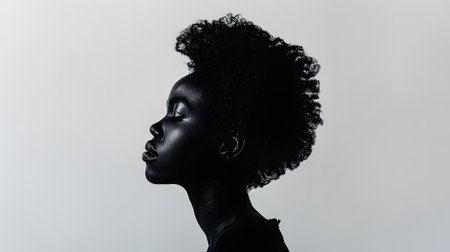 A silhouette of a woman with curly Jheri curl against a monochrome backgroundの素材