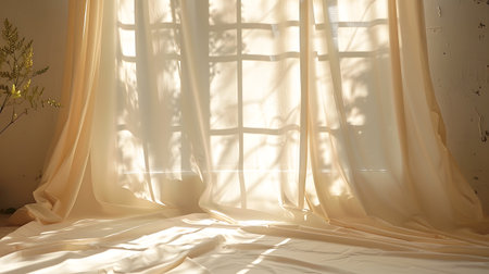 Sunlight streaming through bedroom window curtains onto hardwood flooringの素材