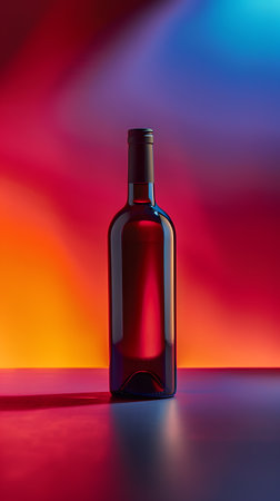 Glass bottle of red wine on table with colorful backgroundの素材