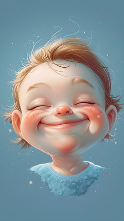 Cartoon child with closed eyes, happy smile, and rosy cheeksの素材