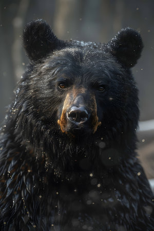 Closeup of a black bear with peanut butter on its carnivorous snoutの素材