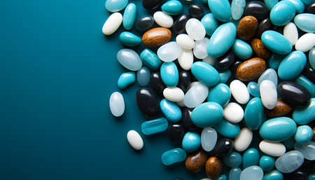 White pills on blue backgroundの素材