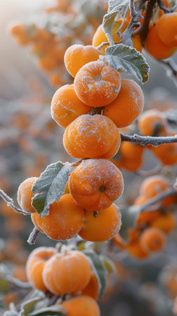 Orange fruit covered in frost hanging from twig on treeの素材