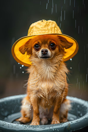 a small dog wearing a yellow hat is sitting in a bucket in the rainの素材