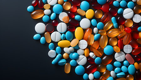 White pills on blue backgroundの素材