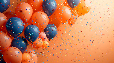 Vibrant orange balloons and blue confetti on an orange backgroundの素材