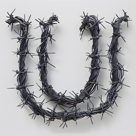 The letter u is crafted from barbed wire, resembling a twisted plant stemの素材