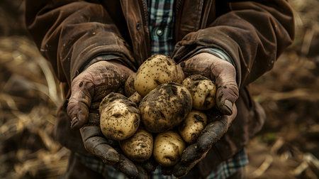 A person holding a pile of potatoes, a natural food from the soilの素材