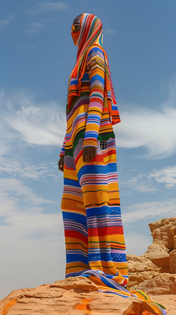 A person in a colorful striped dress stands on a rock under a cloudy skyの素材
