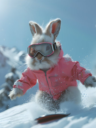 A bunny in goggles and a pink jacket snowboarding in snowの素材