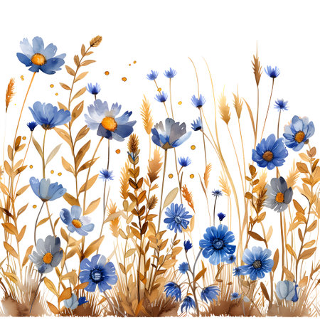 Electric blue flowers and brown leaves in a floral pattern on a white backgroundの素材