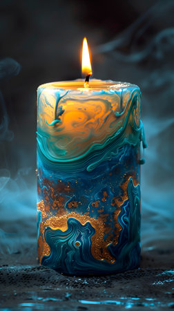 Blue wax candle with a golden flame burning on a tableの素材