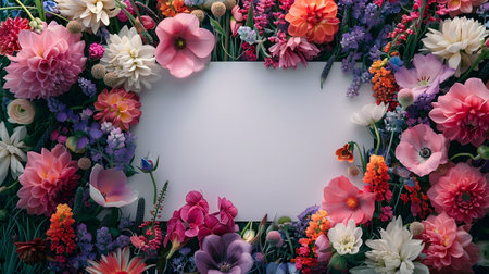 White card amidst colorful flowers in creative flower arrangementの素材