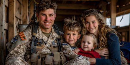 Soldier in military uniform poses with family in camouflage, smilingの素材