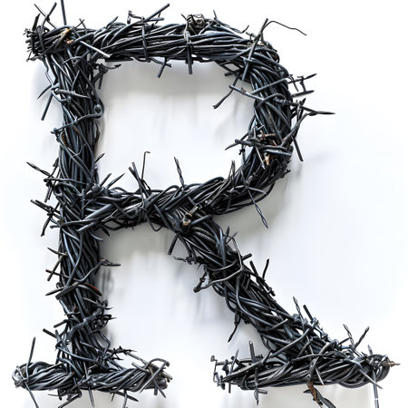 The letter R, shaped like a twig of barbed wire, on a white backgroundの素材