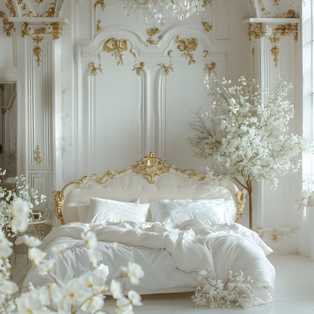 White sheets and pillows on bed in room with interior designの素材