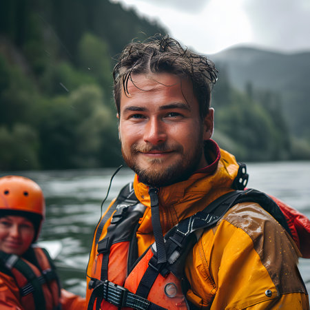 A man with a smile and beard enjoys outdoor recreation in the waterの素材