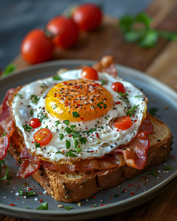 Classic breakfast dish fried egg on toast with bacon and tomatoesの素材