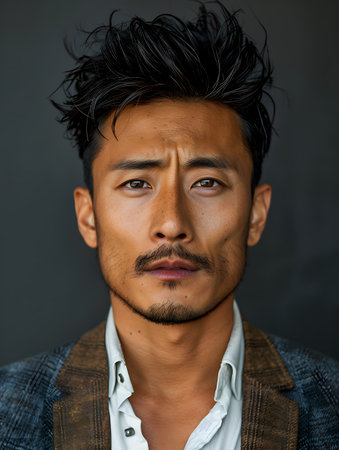 Bearded man in jacket and white shirt looks cool with jawlineの素材